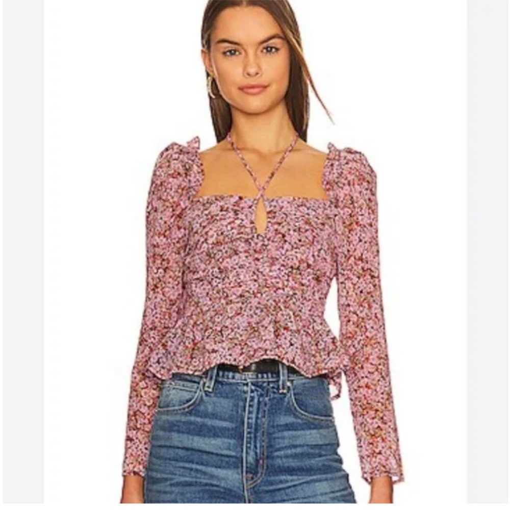 ASTR the Label Toni Black Floral Smocked Neck Tie Top Blouse Small Revolve